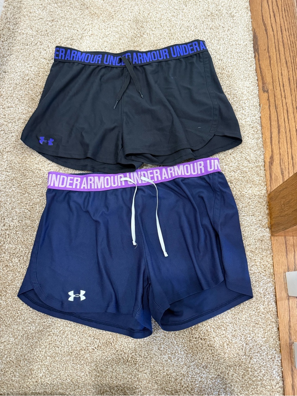 Under Armour Women’s Athletic Shorts in Black and Navy with Purple Waistbands